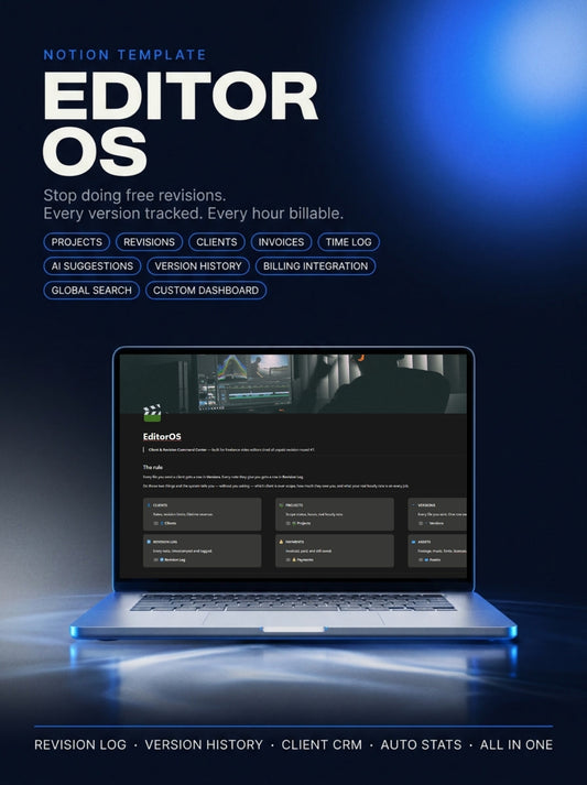 Stop Doing Free Revisions. A Notion OS that tracks every version, every client request, and every hour — automatically.